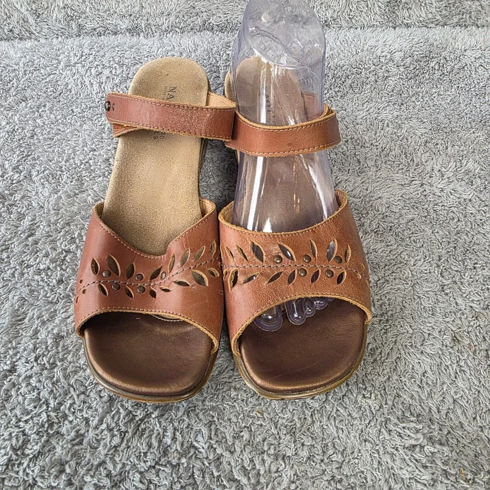 Naot Brown Leather Floral Laser Cutout Adj Strap Wedge Heeled Sandals EU 40 US 9